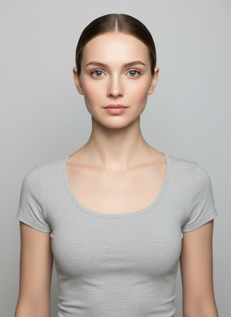 The bride before anything is applied: a plain t-shirt, hair combed back, grey studio wall.