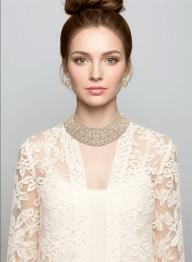 The same photograph after five try-ons: an ivory lace kebaya, a sanggul, bridal makeup, a gold collar necklace and drop earrings.