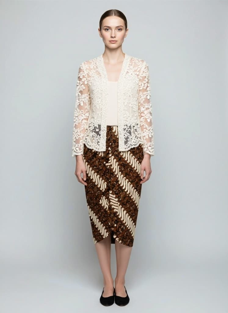 A full-body try-on on the bride: a long-sleeved ivory lace kebaya over a brown batik parang wrap.