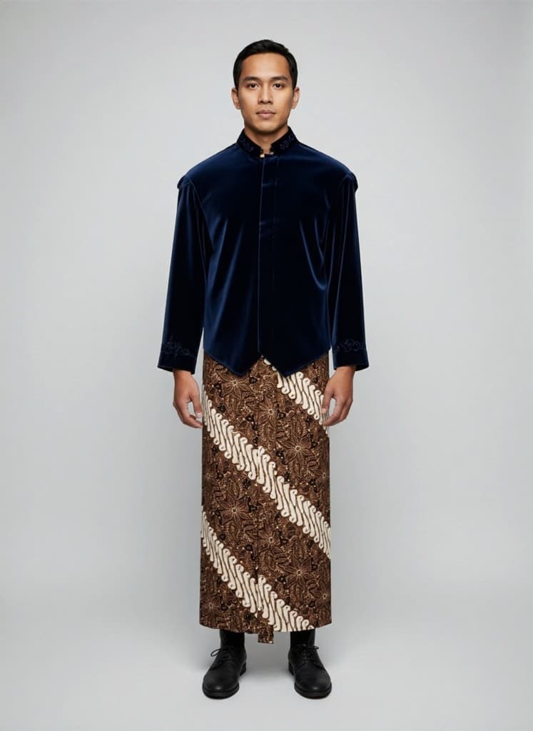 A full-body try-on on the groom: a deep navy velvet beskap over the same batik parang wrap.